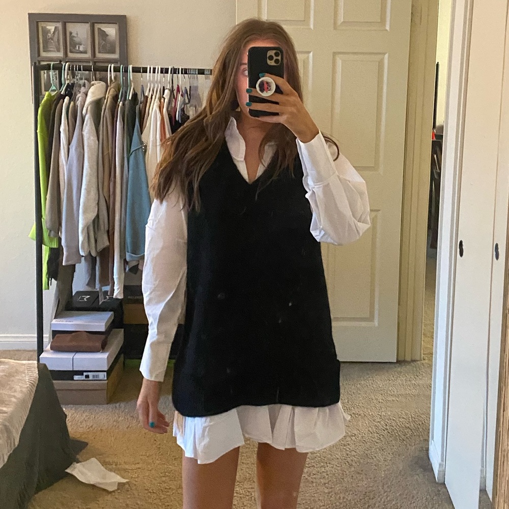 Twofer Sweater Vest Shirt Dress